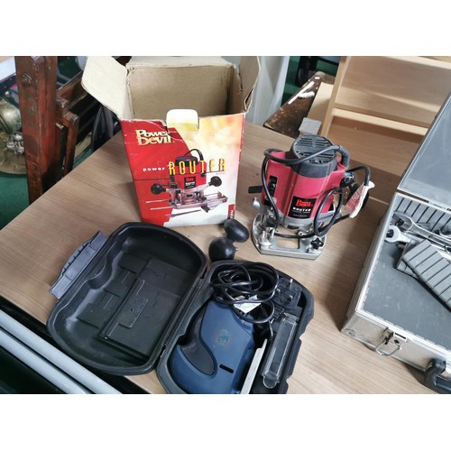 440 - Boxed power devil router 850w, hand held power jigsaw, aluminium case contaning a quantity of Torq s... 