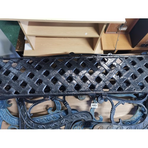 449 - 2x pairs of cast iron bench ends - blue pair in need of restoration along with a floral and weave pa... 