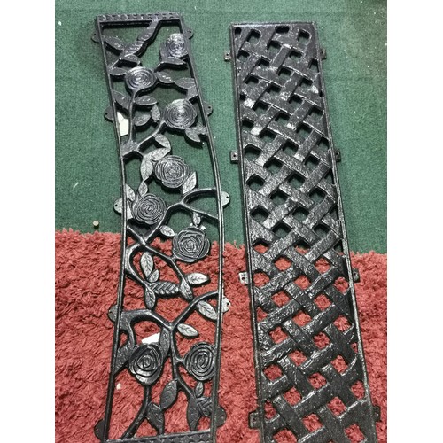 449 - 2x pairs of cast iron bench ends - blue pair in need of restoration along with a floral and weave pa... 