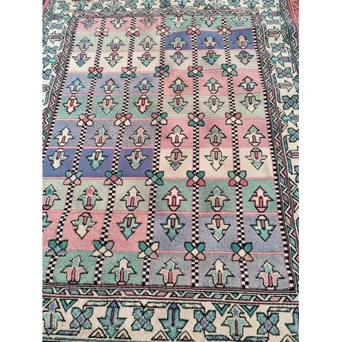 465 - Large hand made rug measuring 235cm x 177cm along with a Aztec rug, 2x roller blinds etc.