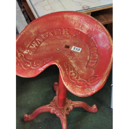 510 - Vintage Walter A Wood cast iron tractor seat made into a adjustable stool, part of edge of seat is A... 