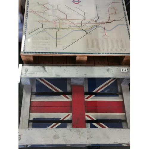 512 - 2 handmade coffee tables out of pallets, both glass topped. One with Union Jack and the other a map ... 