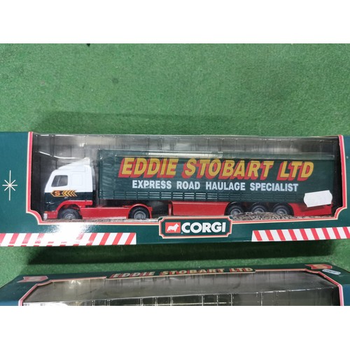 124 - Collection of 2x boxed Eddie Stobart curtain side trucks, both are Express road haulage. One Volvo a... 