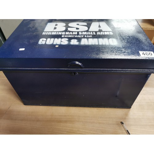 460 - Handled storage tin with BSA stamped on the front, lockable with no key. Measures 28cm high x 47cm w... 