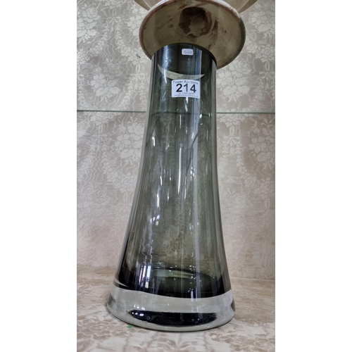 214 - Tall heavy smoked glass vase, nice quality and in excellent condition. Measures 35.5cm height, 16.5c... 