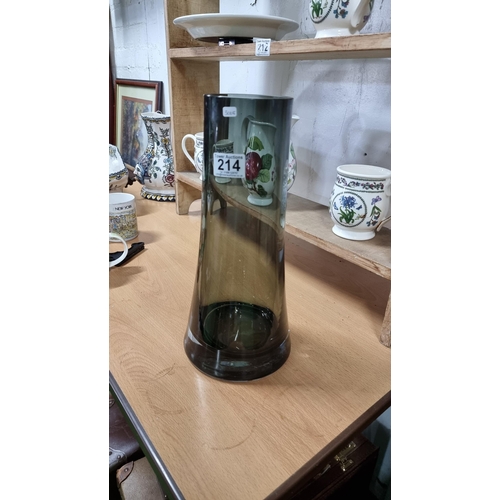 214 - Tall heavy smoked glass vase, nice quality and in excellent condition. Measures 35.5cm height, 16.5c... 