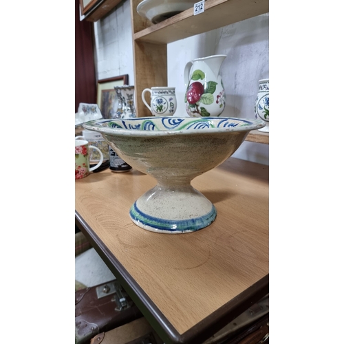 215 - Antique 19th Century Spanish glazed terracotta Tazza footed bowl with a hand painted green & blue de... 