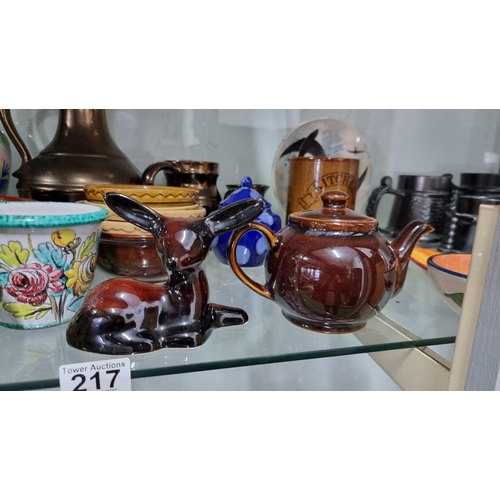 217 - Large collection of various collectable pottery & china including a brass cloisonné, treacle glazed ... 