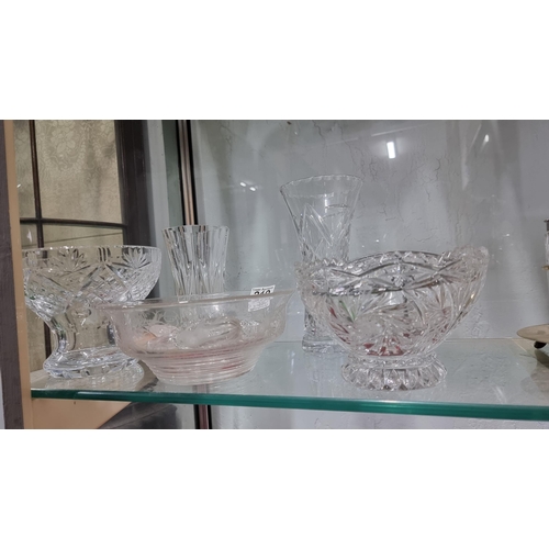 219 - Quantity of crystal glass items including 2x crystal glass vases, etched crystal glass bowl with a b... 