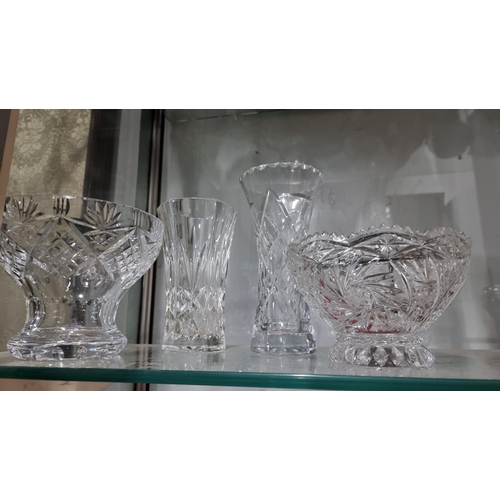 219 - Quantity of crystal glass items including 2x crystal glass vases, etched crystal glass bowl with a b... 