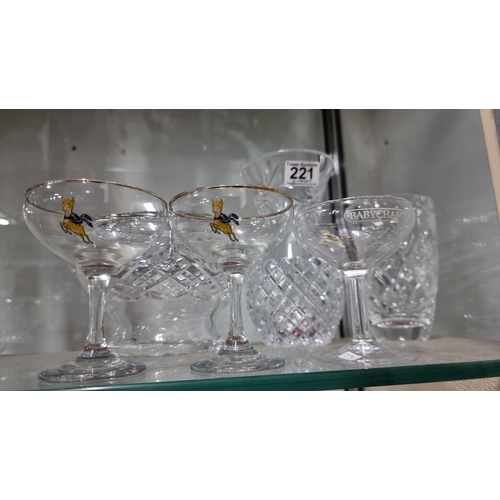 221 - 3x Babycham glasses along with 3x good quality crystal glass vases all in good order.