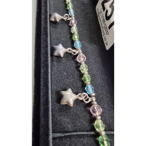 257 - Pretty 925 Silver glass beaded bracelet with silver star drops. Length 7.5