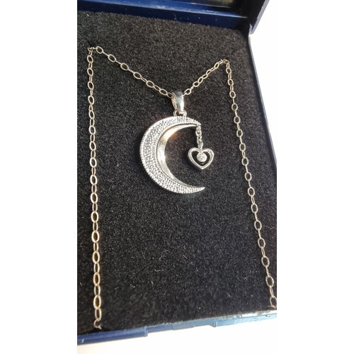 264 - Pretty 925 Silver moon & heart pendant with a small diamond inset on 16