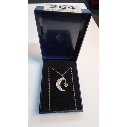 264 - Pretty 925 Silver moon & heart pendant with a small diamond inset on 16