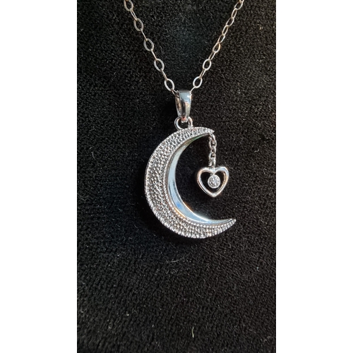 264 - Pretty 925 Silver moon & heart pendant with a small diamond inset on 16