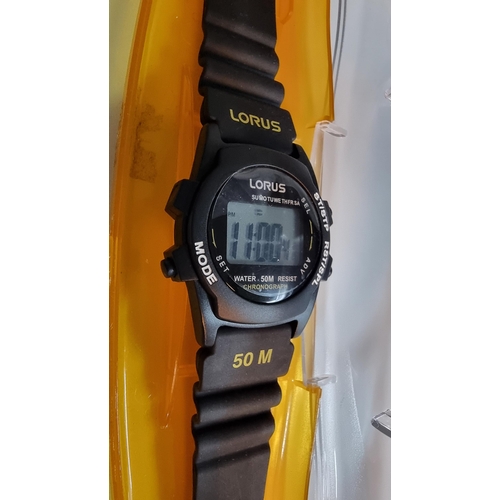 295 - As new boxed Lorus chronograph digital watch. Appears to be in working order.