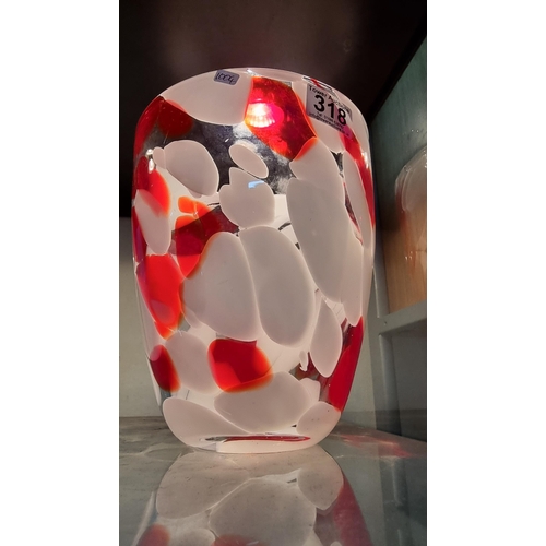 318 - Large art glass vase with a mottled red & white design. Nice finish mark to the base. Good clean con... 