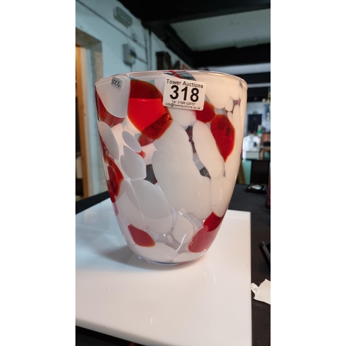 318 - Large art glass vase with a mottled red & white design. Nice finish mark to the base. Good clean con... 