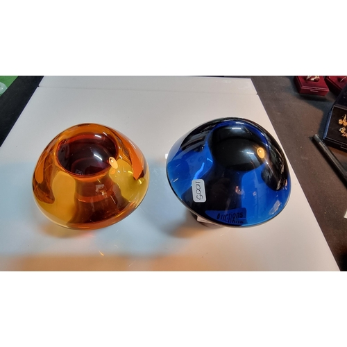 320 - Pair of Wedgwood art glass mushroom paperweights in amber glass & blue glass. In good condition/. He... 