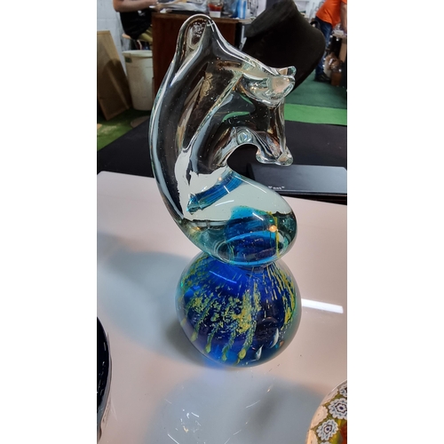 321 - Mdina seahorse glass paperweight along with one other art glass paperweight & bubble glass bowl. Sea... 