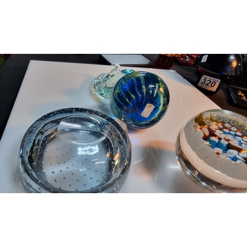 321 - Mdina seahorse glass paperweight along with one other art glass paperweight & bubble glass bowl. Sea... 