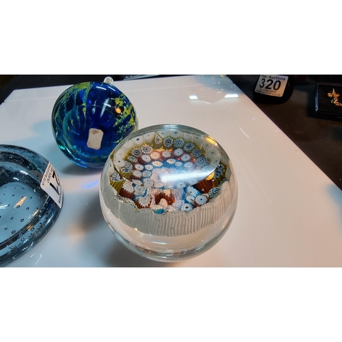 321 - Mdina seahorse glass paperweight along with one other art glass paperweight & bubble glass bowl. Sea... 