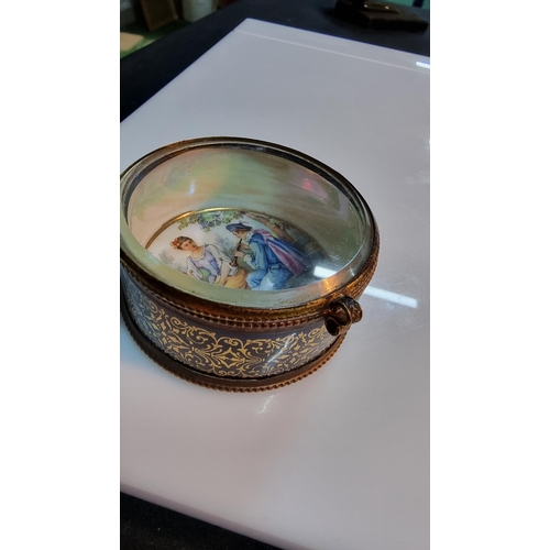 327 - Good Antique hand decorated pin box by Meissner Limoges France. Has a clear cut glass lid featuring ... 