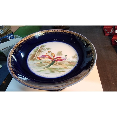 328 - Antique good quality Tazza with blue & gilt design with hand painted scene to the centre showing bir... 