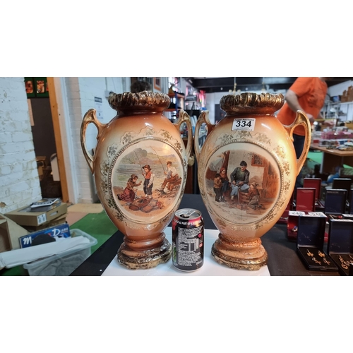 334 - Pair of vintage large urn vases with double sided scene.  One handle has an old repair otherwise in ... 