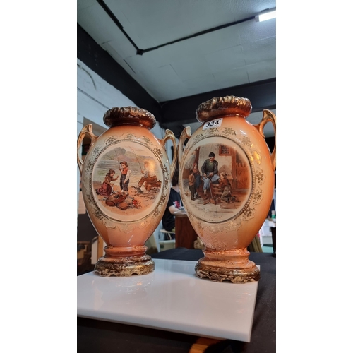 334 - Pair of vintage large urn vases with double sided scene.  One handle has an old repair otherwise in ... 