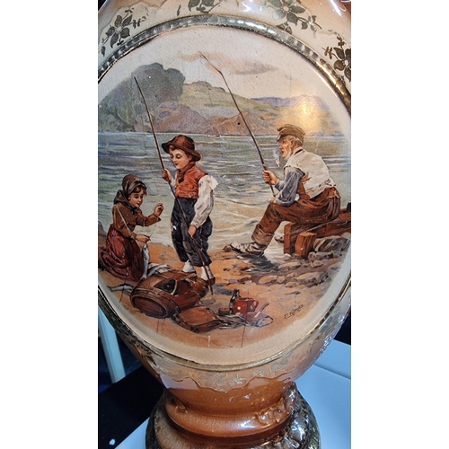 334 - Pair of vintage large urn vases with double sided scene.  One handle has an old repair otherwise in ... 