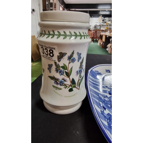 338 - Large modern Chinese blue & white platter. Along with a Portmeirion Botanic Garden lidded pot. Lengt... 