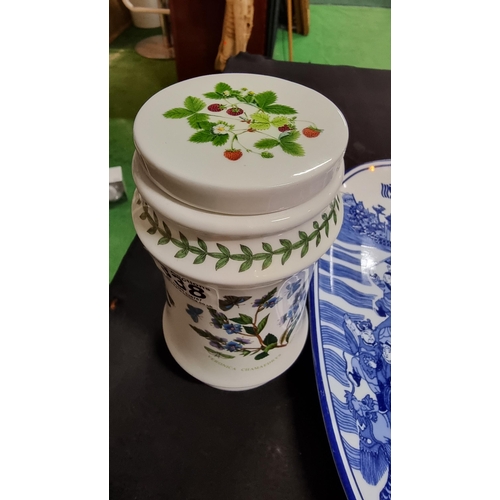 338 - Large modern Chinese blue & white platter. Along with a Portmeirion Botanic Garden lidded pot. Lengt... 