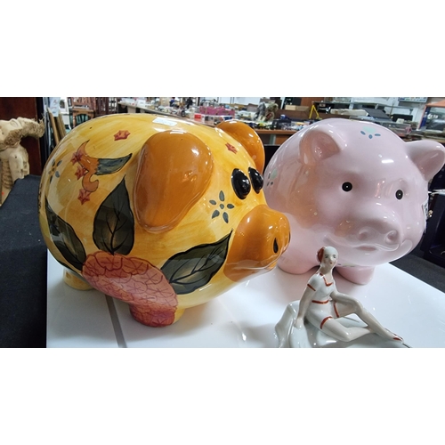 343 - Pair of large ceramic pig formed money banks with vintage Skeg Ness tourist ware ashtray. Largest pi... 