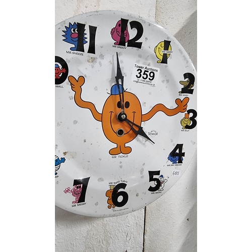 359 - Vintage Smiths Timecal Mr Men (Mr Tickle) novelty tin plate wind up clock. In working condition. Dia... 