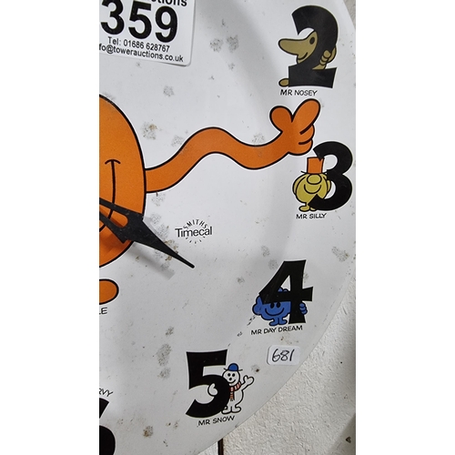 359 - Vintage Smiths Timecal Mr Men (Mr Tickle) novelty tin plate wind up clock. In working condition. Dia... 