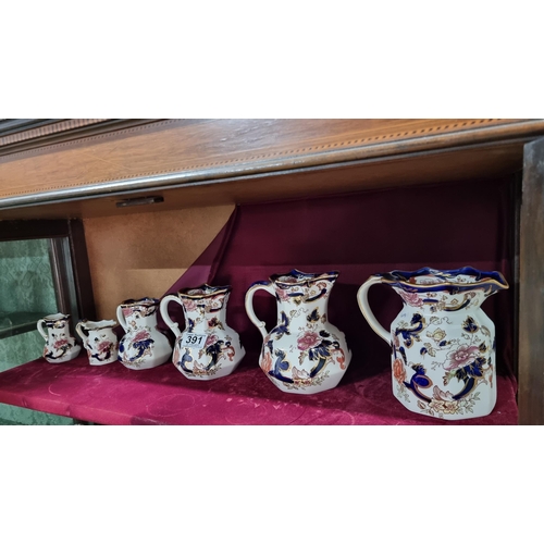 391 - Quantity of 6x Masons Blue Mandalay Ironstone graduated jugs, all in excellent clean condition, NO d... 