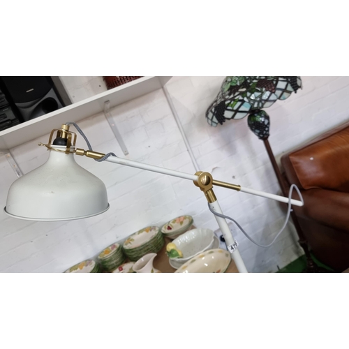 476 - Modern white & brass tall adjustable lamp in excellent clean condition, along with chrome uplighter ... 