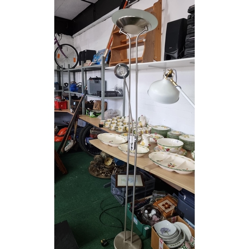 476 - Modern white & brass tall adjustable lamp in excellent clean condition, along with chrome uplighter ... 