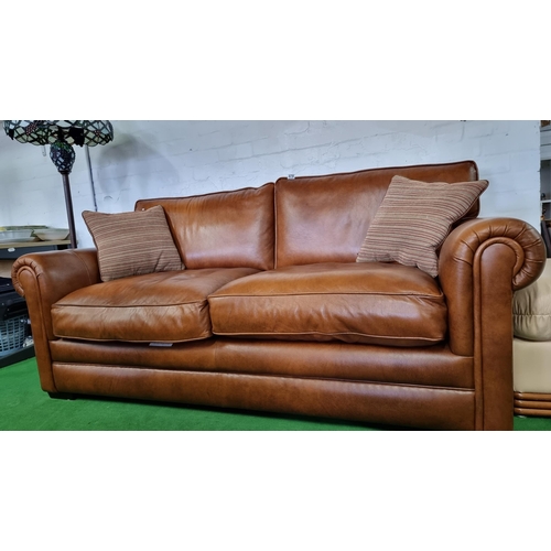 478 - Fine quality full brown tan leather three seater sofa by Parker Knoll - purchased under two years ag... 