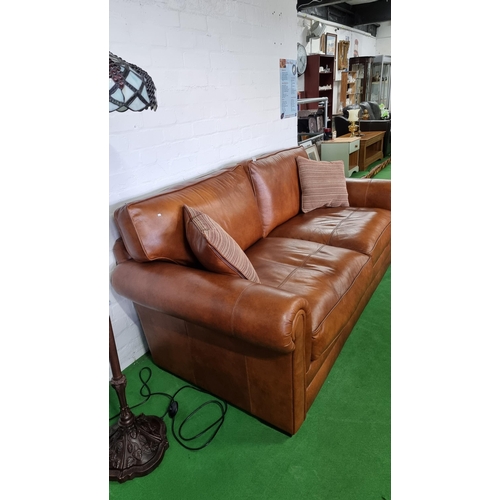 478 - Fine quality full brown tan leather three seater sofa by Parker Knoll - purchased under two years ag... 