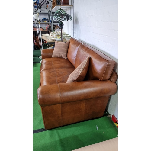 478 - Fine quality full brown tan leather three seater sofa by Parker Knoll - purchased under two years ag... 