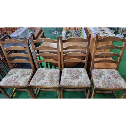 481 - Modern solid oak framed set of 4x dining chairs with tapestry upholstered seats. All in excellent cl... 