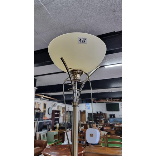 487 - Modern brushed brass uplighter in excellent clean working condition. Measures 179cm height.