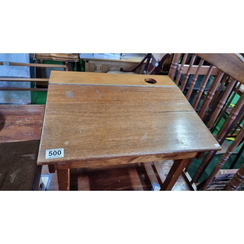 500 - Vintage style wooden school desk with lift up lid along with a small storage stool. Desk measures 42... 