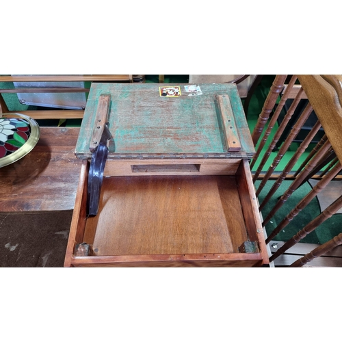 500 - Vintage style wooden school desk with lift up lid along with a small storage stool. Desk measures 42... 