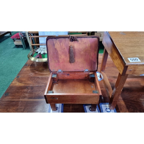 500 - Vintage style wooden school desk with lift up lid along with a small storage stool. Desk measures 42... 