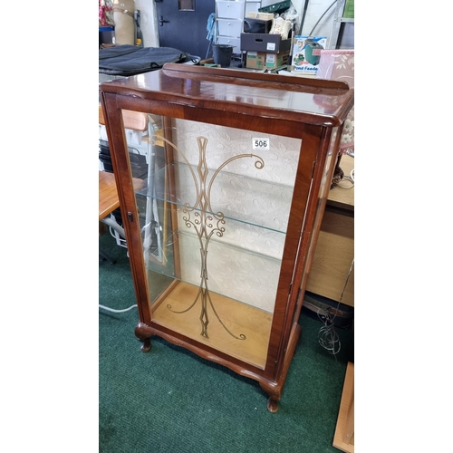 506 - Narrow cherry wood display cabinet with two glass shelves in excellent clean condition with no damag... 