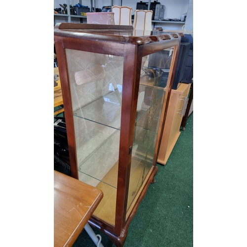 506 - Narrow cherry wood display cabinet with two glass shelves in excellent clean condition with no damag... 