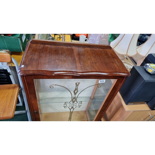 506 - Narrow cherry wood display cabinet with two glass shelves in excellent clean condition with no damag... 